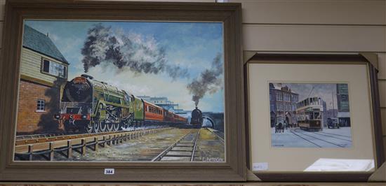 F.Patterson, oil on board, The Midday Scot, signed, 50 x 70cm and a watercolour of a Cardiff tram